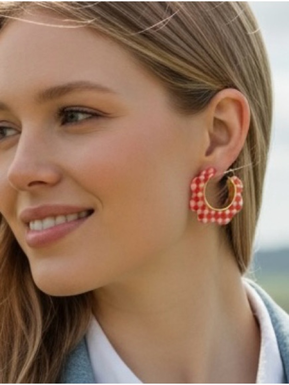 Red Gingham Hoop Earrings - Women Jewelry